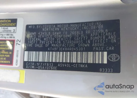 2010 Toyota Camry Le z USA, uszkodzony, nr VIN 4T4BF3EK8AR045301